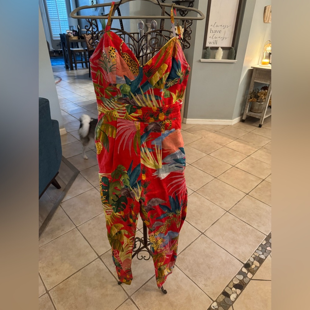 Farm Rio Leopard Jumpsuit Belted Floral Tropical Size XS
